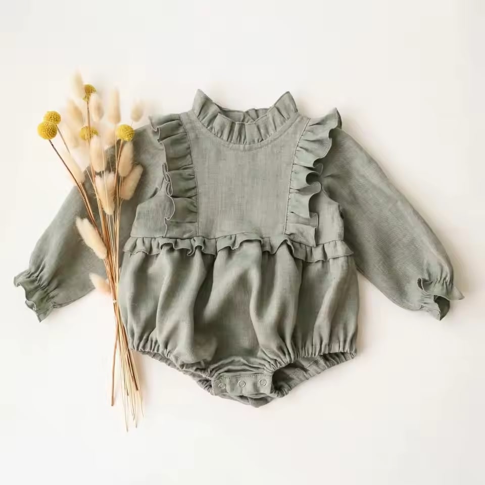 Spring Baby Girl Bodysuits Linen Cotton Green Newborn Baby Girl Clothing