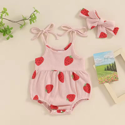 Pudcoco Baby Girl Summer Jumpsuit Strawberry Print Bandage Sleeveless Romper and Headband Set Cute Fashion Clothes Outfits 3-24M