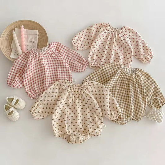 Fato De Banho De Manga Comprida Baby Long Sleeve Body Soft Plaid Love Print Girls Romper Clothes 0-2 Anos De Idade
